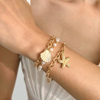 Thumbnail for 3 Pcs Boho Starfish Shell Charm Pearl Chain Bracelet Set - ArtGalleryZen