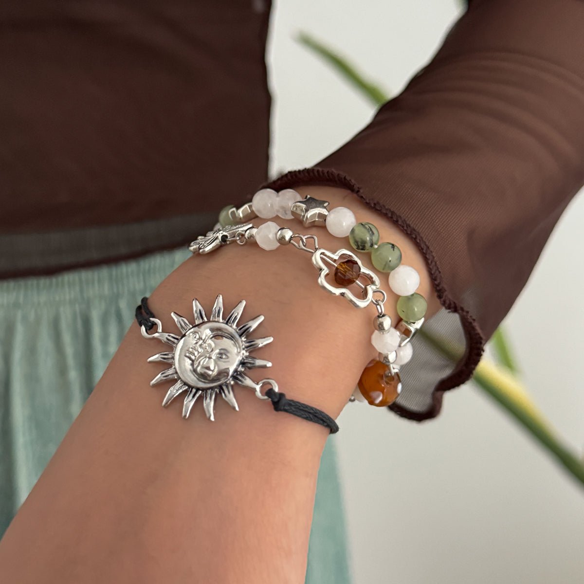 3 Pcs Boho Sun Mushroom Butterfly Charm Glass Beaded Bracelet Set - ArtGalleryZen