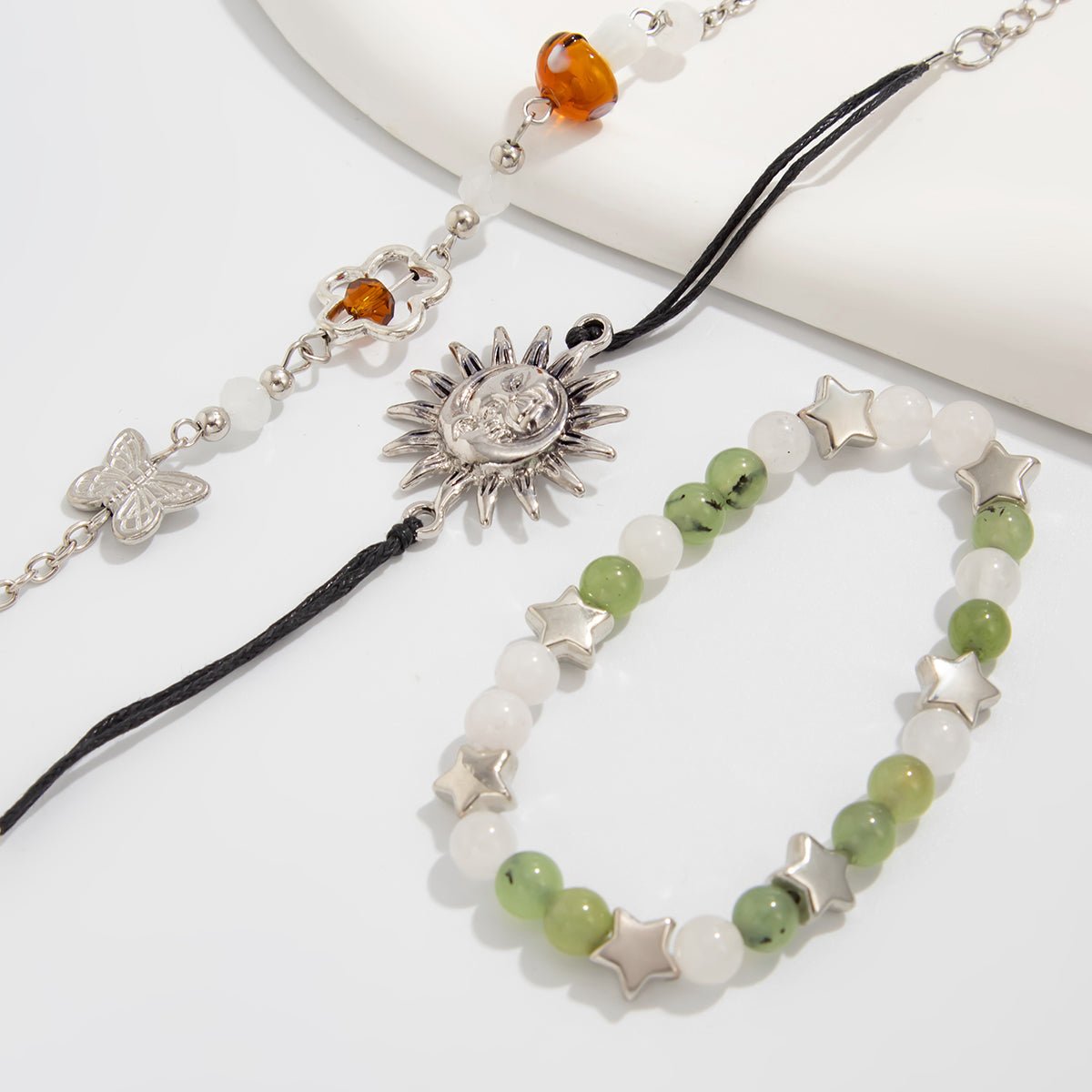 3 Pcs Boho Sun Mushroom Butterfly Charm Glass Beaded Bracelet Set - ArtGalleryZen