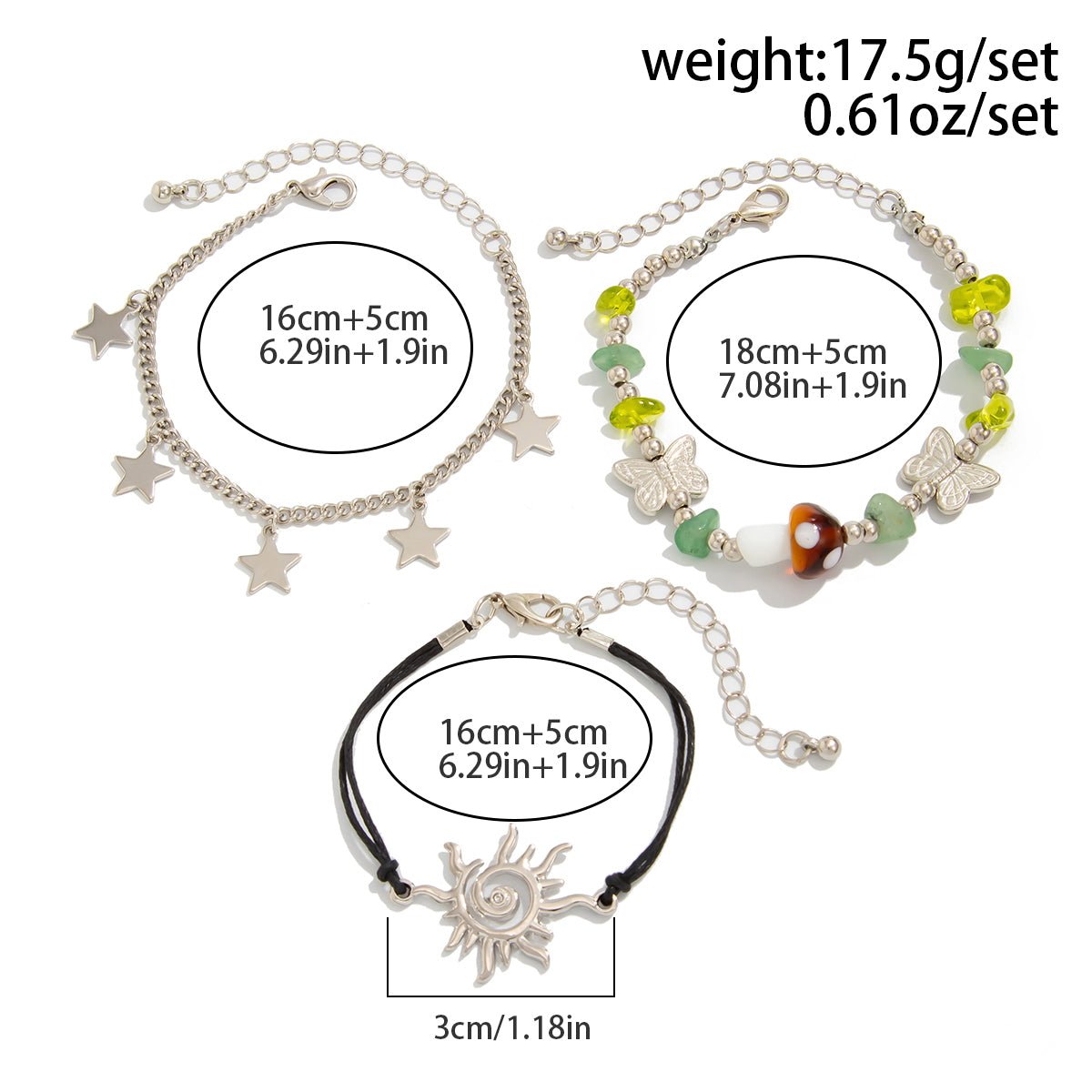 3 Pcs Boho Sun Mushroom Star Charm Turquoise Stone Bracelet Set - ArtGalleryZen