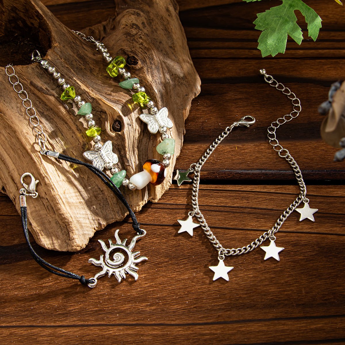 3 Pcs Boho Sun Mushroom Star Charm Turquoise Stone Bracelet Set - ArtGalleryZen