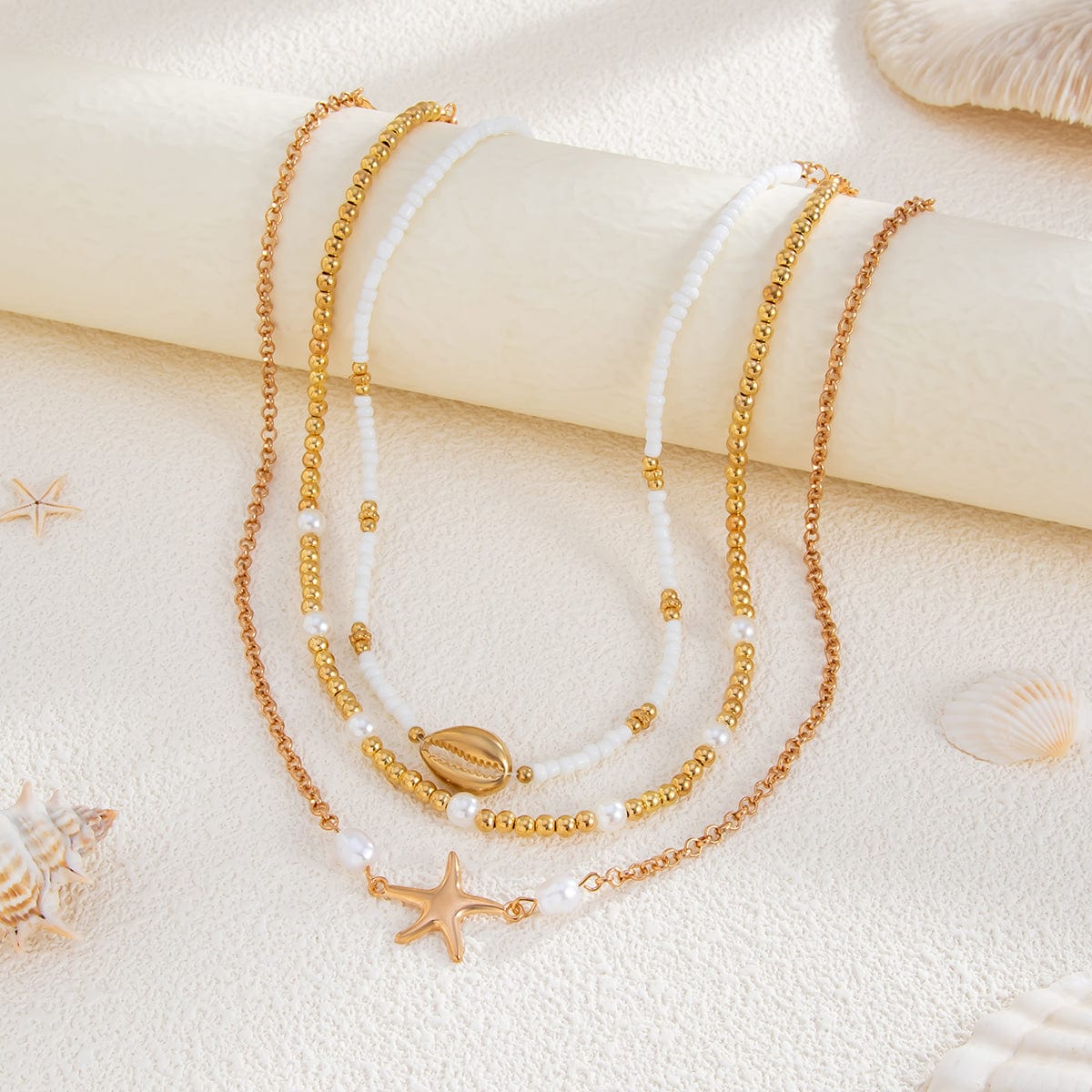 3 Pcs Conch Starfish Charm Pearl Seed Beaded Chain Necklace Set - ArtGalleryZen