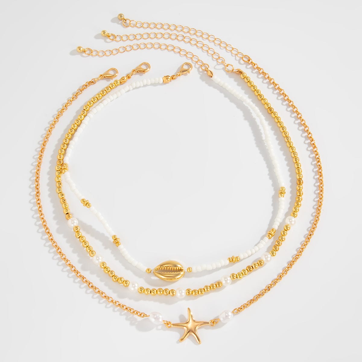 3 Pcs Conch Starfish Charm Pearl Seed Beaded Chain Necklace Set - ArtGalleryZen