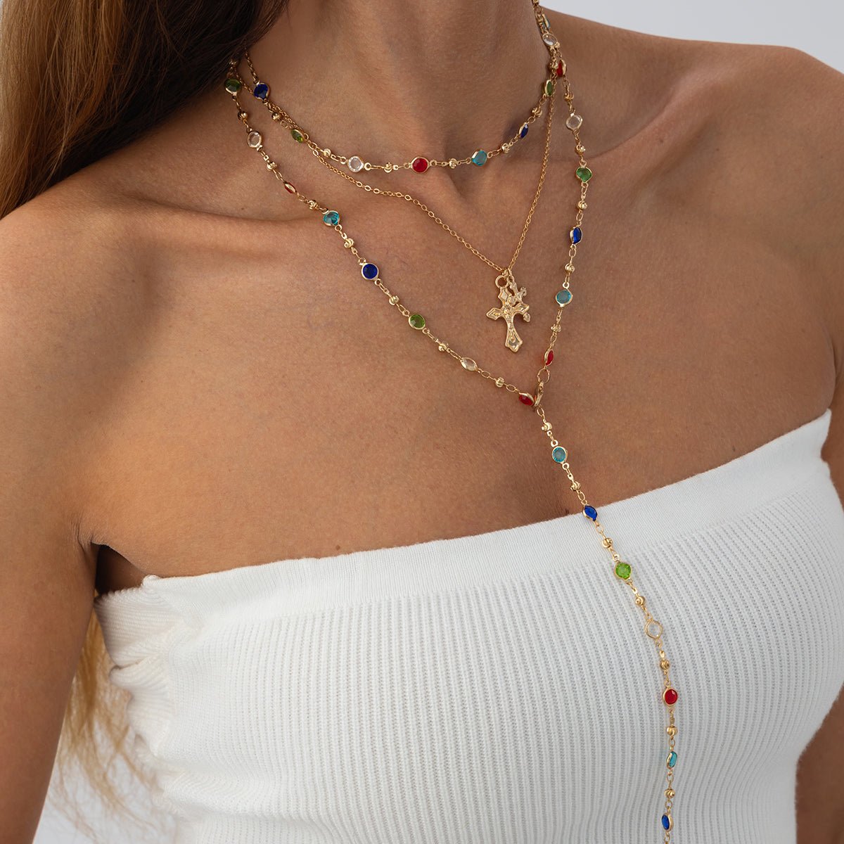 3 Pcs Elegant Cross Pendant Colorful Crystal Chain Y Necklace Set - ArtGalleryZen