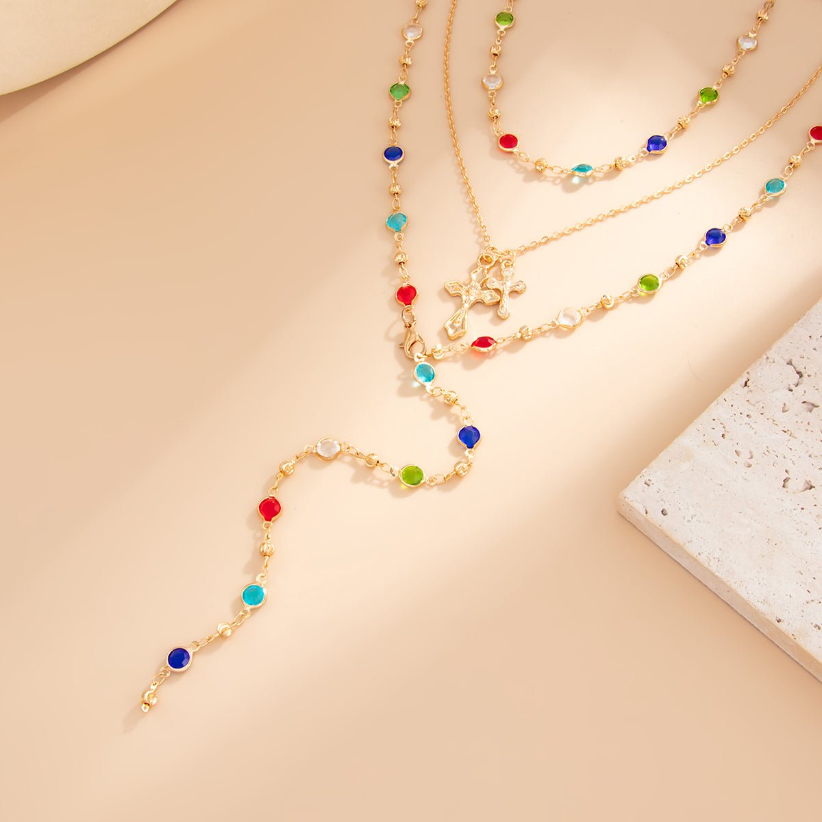 3 Pcs Elegant Cross Pendant Colorful Crystal Chain Y Necklace Set - ArtGalleryZen