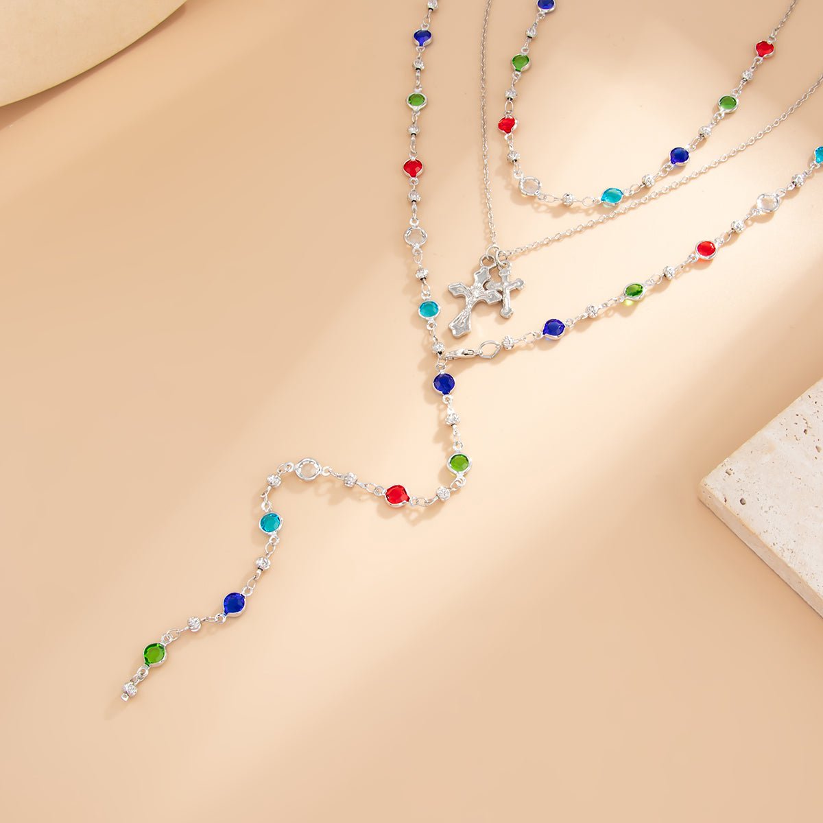 3 Pcs Elegant Cross Pendant Colorful Crystal Chain Y Necklace Set - ArtGalleryZen