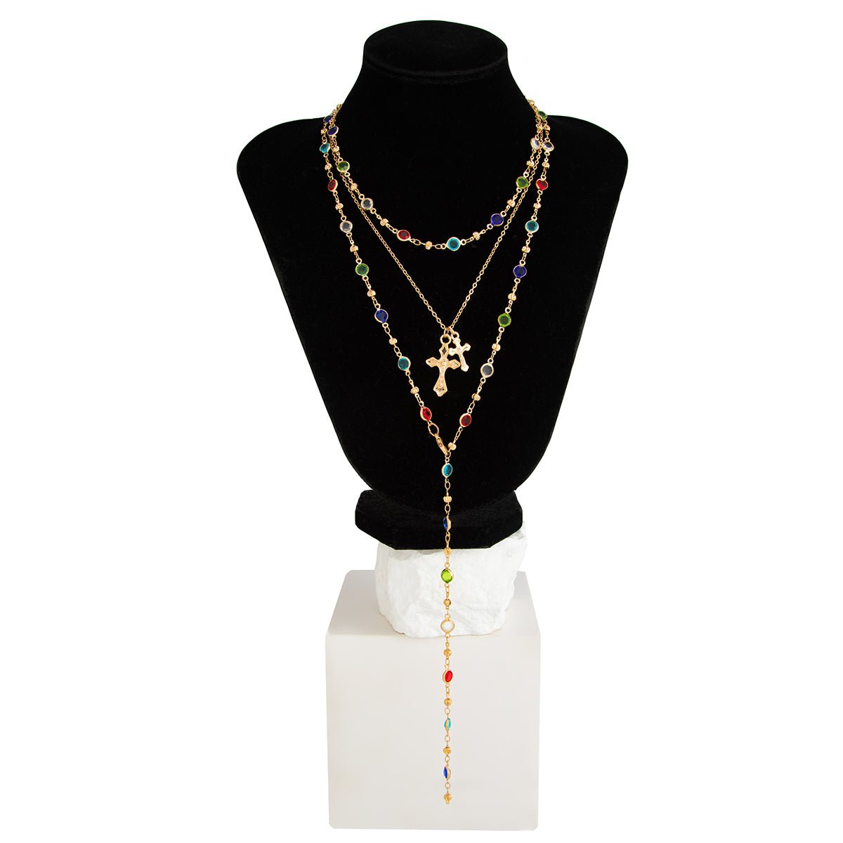 3 Pcs Elegant Cross Pendant Colorful Crystal Chain Y Necklace Set - ArtGalleryZen