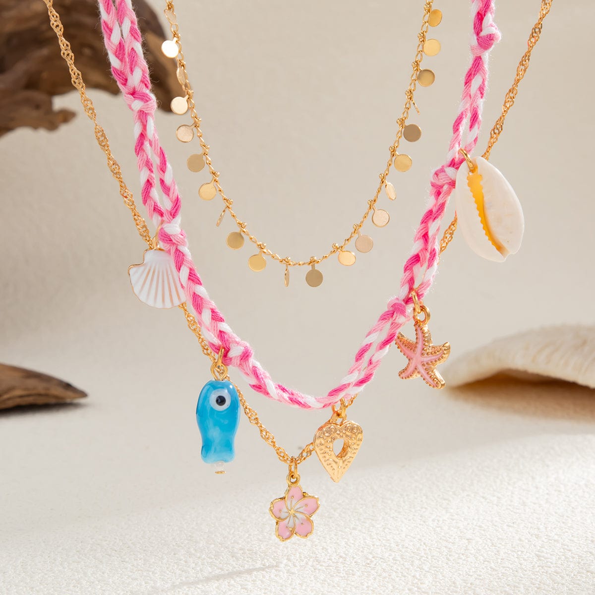 3 pcs Enamel Cherry Blossoms Starfish Conch Pendant Braided Necklace Set - ArtGalleryZen