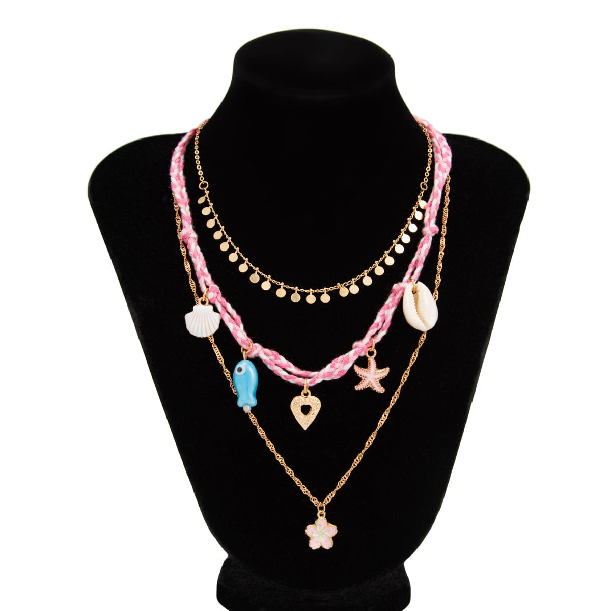 3 pcs Enamel Cherry Blossoms Starfish Conch Pendant Braided Necklace Set - ArtGalleryZen