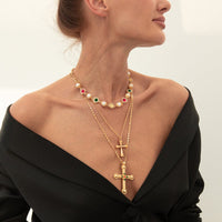 Thumbnail for 3 Pcs Gold Silver Tone Cross Pendant Pearl Crystal Pearl Chain Necklace Set - ArtGalleryZen