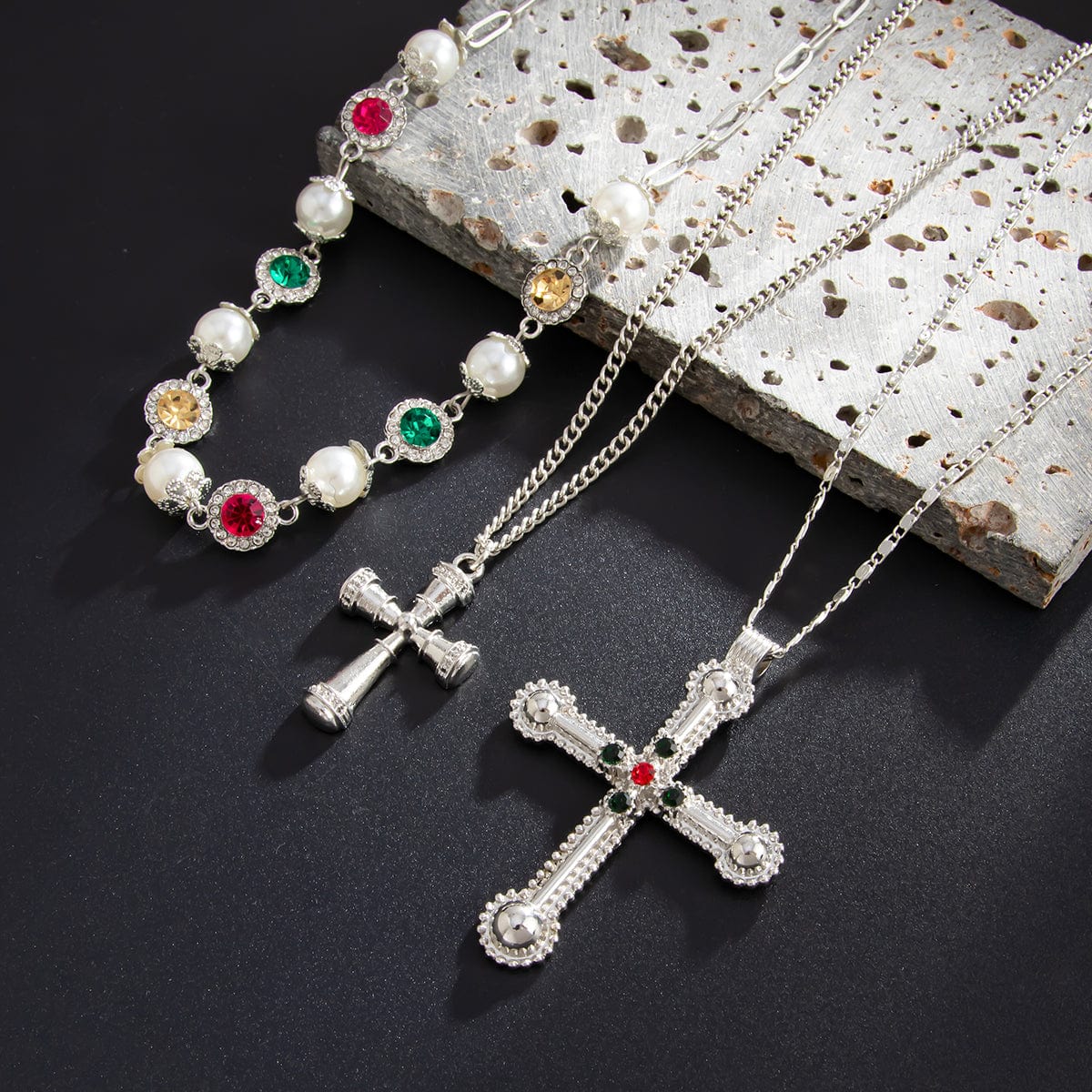 3 Pcs Gold Silver Tone Cross Pendant Pearl Crystal Pearl Chain Necklace Set - ArtGalleryZen