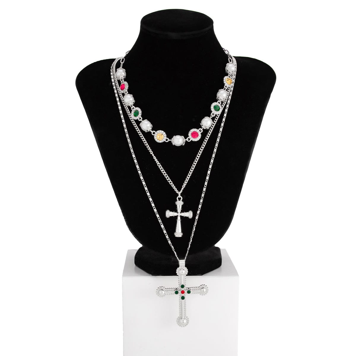 3 Pcs Gold Silver Tone Cross Pendant Pearl Crystal Pearl Chain Necklace Set - ArtGalleryZen