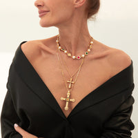 Thumbnail for 3 Pcs Gold Silver Tone Cross Pendant Pearl Crystal Pearl Chain Necklace Set - ArtGalleryZen