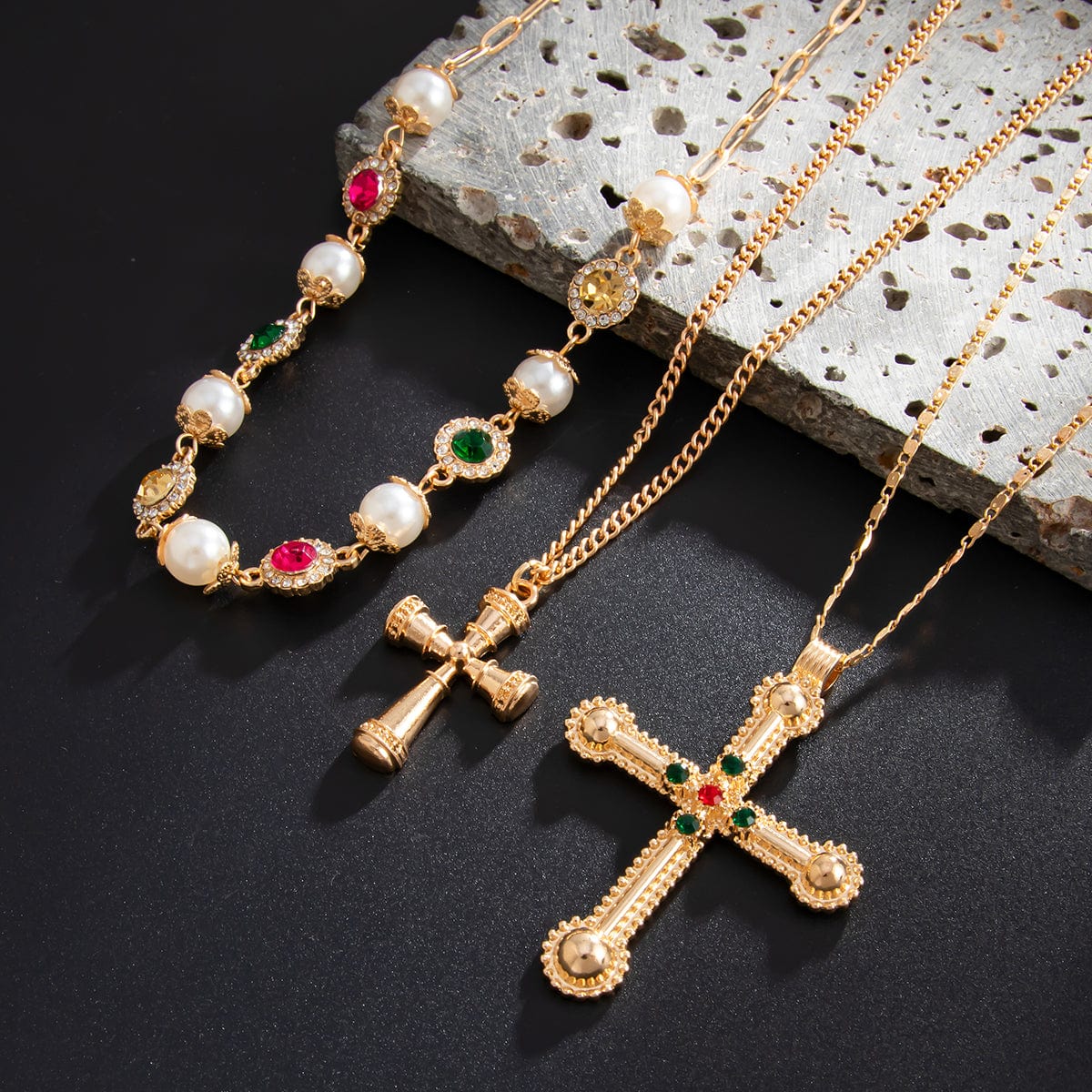 3 Pcs Gold Silver Tone Cross Pendant Pearl Crystal Pearl Chain Necklace Set - ArtGalleryZen