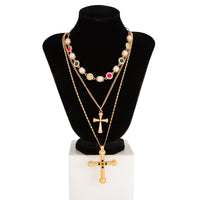 Thumbnail for 3 Pcs Gold Silver Tone Cross Pendant Pearl Crystal Pearl Chain Necklace Set - ArtGalleryZen