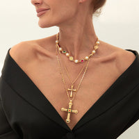 Thumbnail for 3 Pcs Gold Silver Tone Cross Pendant Pearl Crystal Pearl Chain Necklace Set - ArtGalleryZen