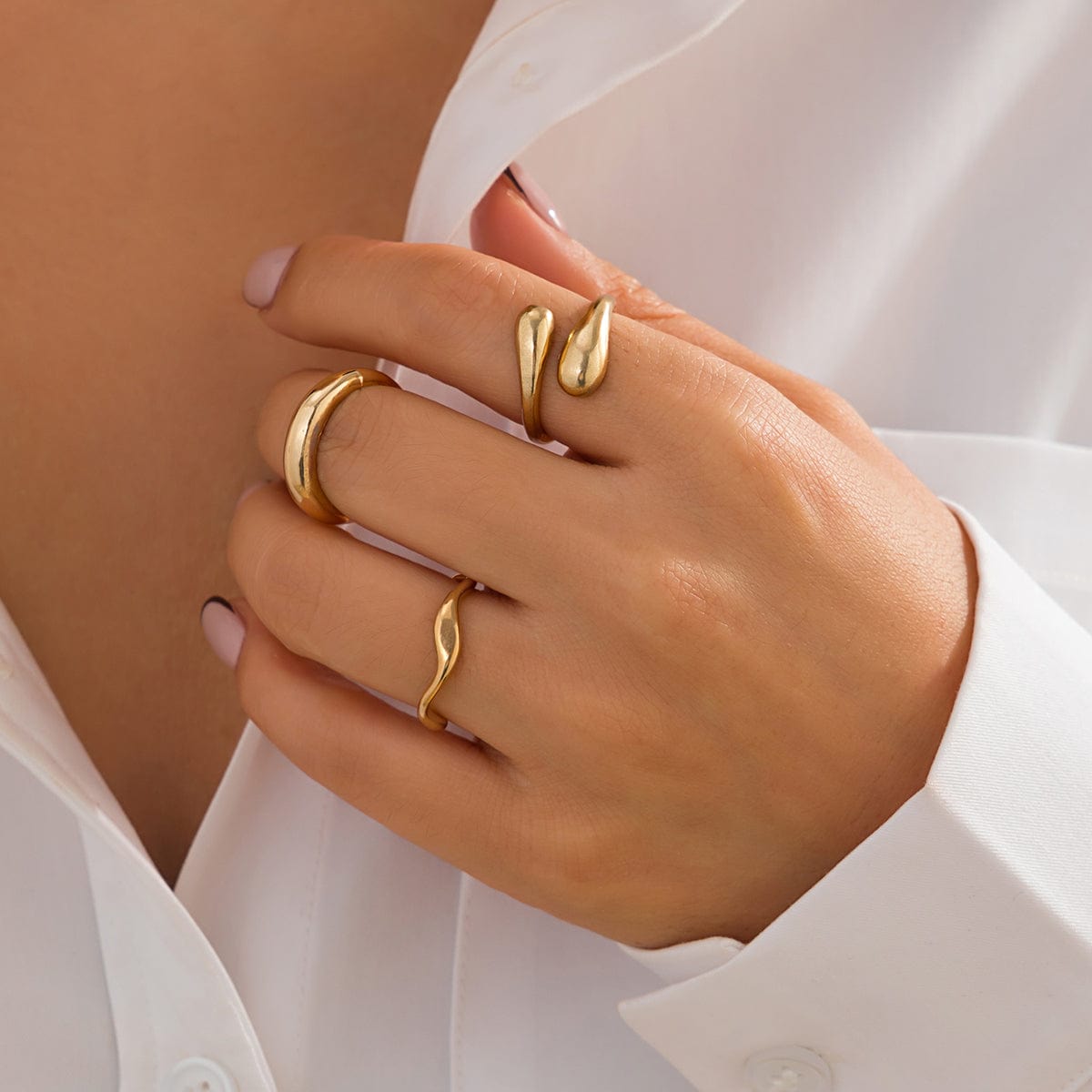 3 Pcs Gold Tone Irregular Curved Stackable Open Ring Set