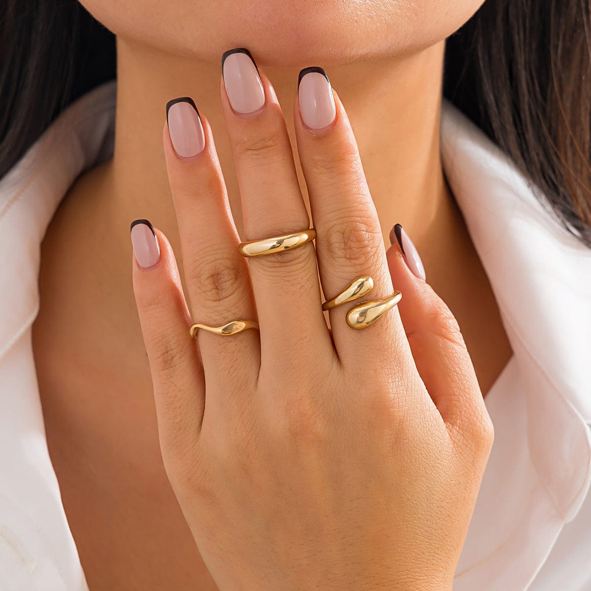 3 Pcs Gold Tone Irregular Curved Stackable Open Ring Set