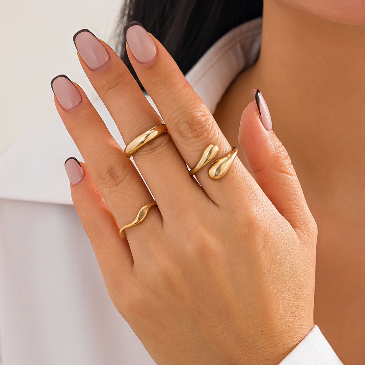 3 Pcs Gold Tone Irregular Curved Stackable Open Ring Set