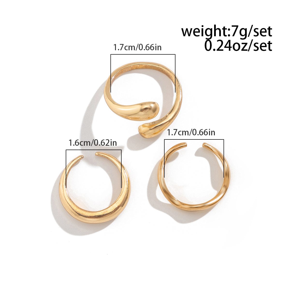 3 Pcs Gold Tone Irregular Curved Stackable Open Ring Set