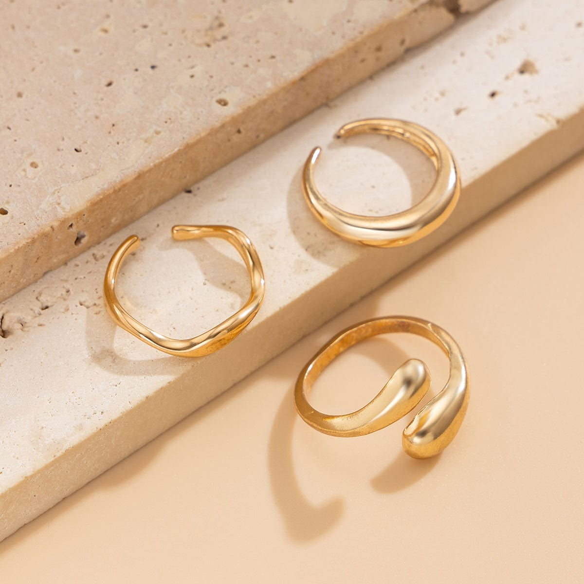 3 Pcs Gold Tone Irregular Curved Stackable Open Ring Set