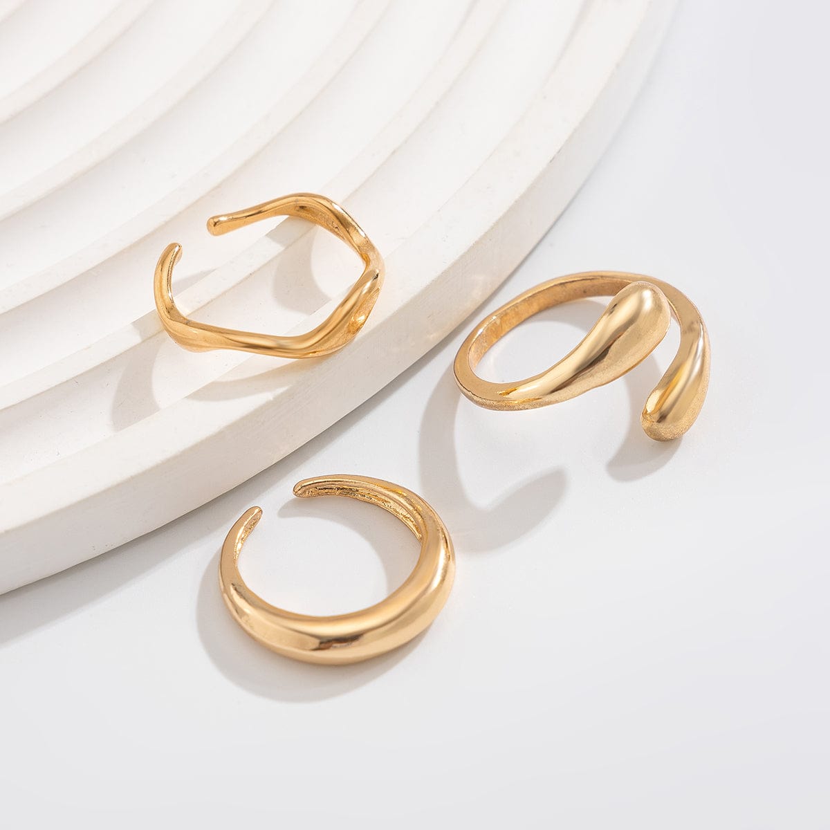 3 Pcs Gold Tone Irregular Curved Stackable Open Ring Set