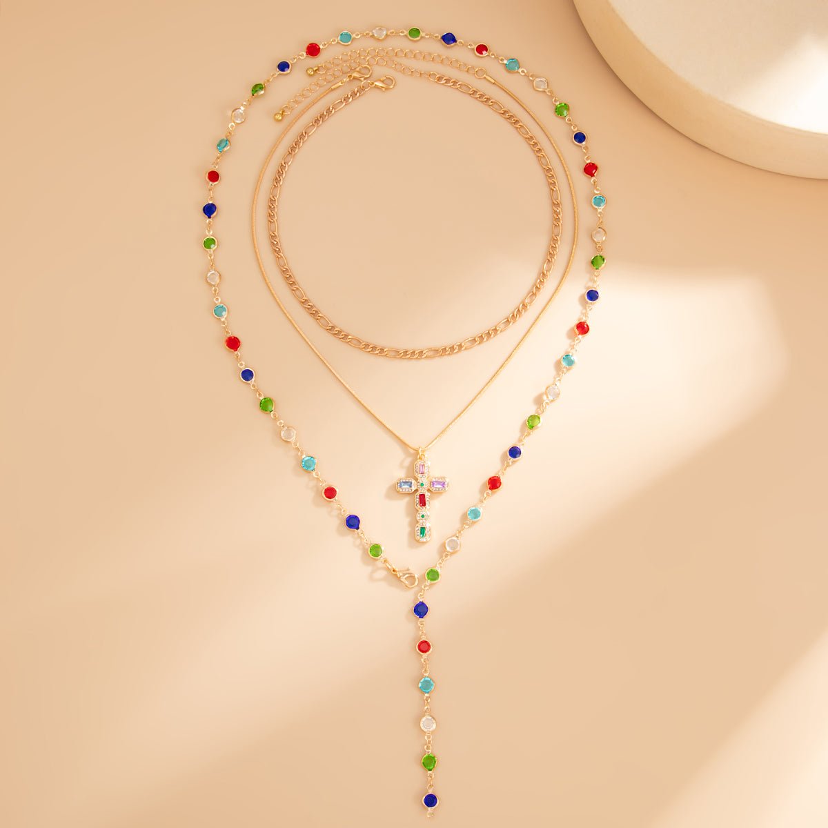 3 Pcs Gold Tone Rhinestone Inlaid Cross Pendant Crystal Chain Y Necklace Set - ArtGalleryZen