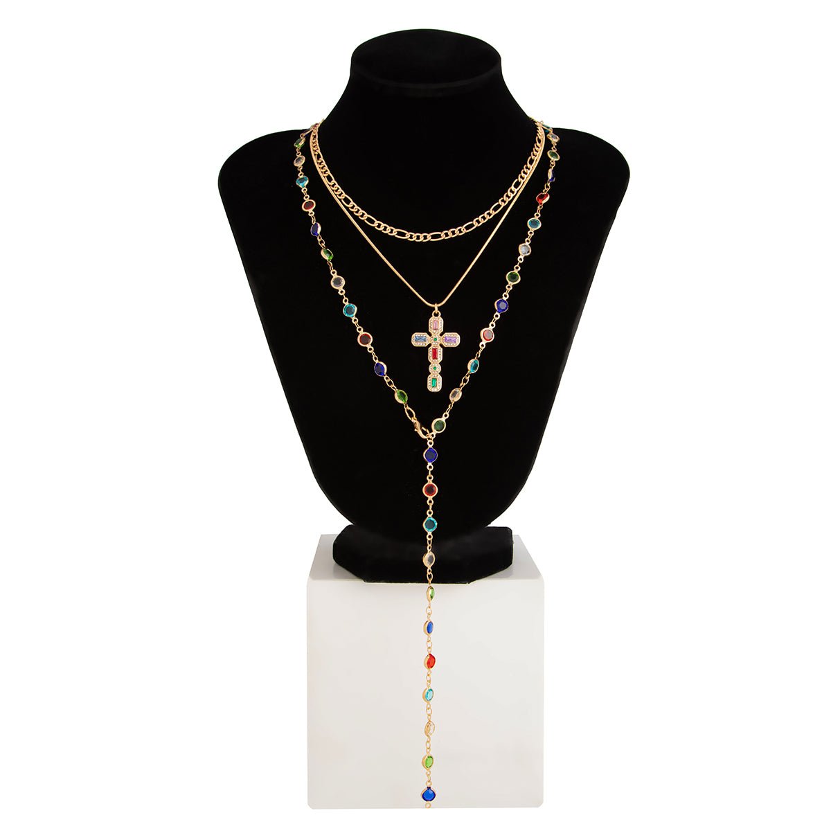 3 Pcs Gold Tone Rhinestone Inlaid Cross Pendant Crystal Chain Y Necklace Set - ArtGalleryZen