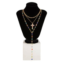 Thumbnail for 3 Pcs Gold Tone Rhinestone Inlaid Cross Pendant Crystal Chain Y Necklace Set - ArtGalleryZen