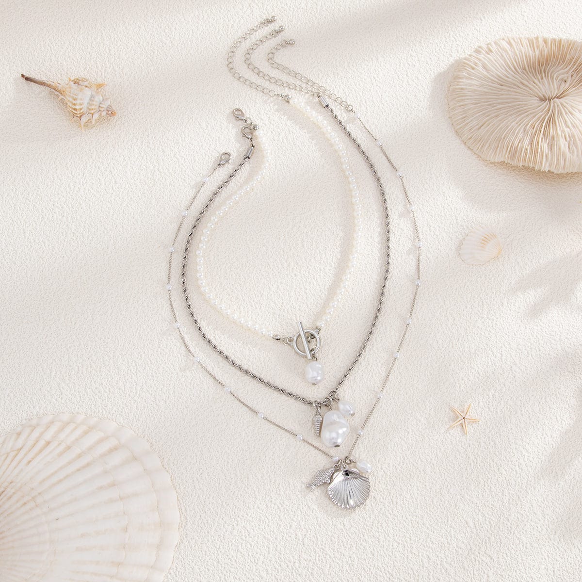 3 Pcs Toggle Clasp Irregular Pearl Shell Pendant Rope Chain Necklace Set - ArtGalleryZen