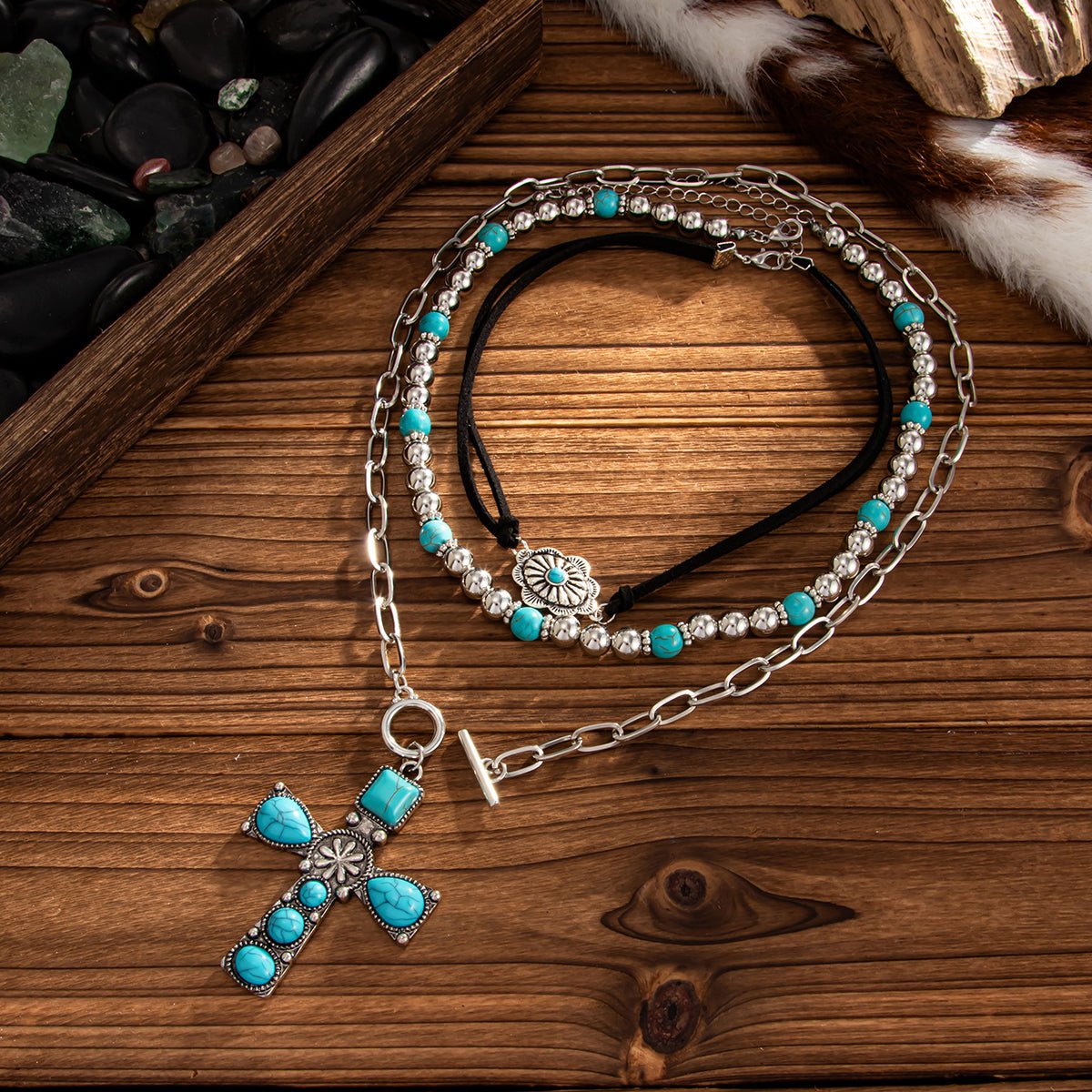 3 Pcs Toggle Clasp Turquoise Inlaid Cross Pendant Ball Chain Velvet Necklace Set - ArtGalleryZen