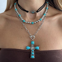 Thumbnail for 3 Pcs Toggle Clasp Turquoise Inlaid Cross Pendant Ball Chain Velvet Necklace Set - ArtGalleryZen