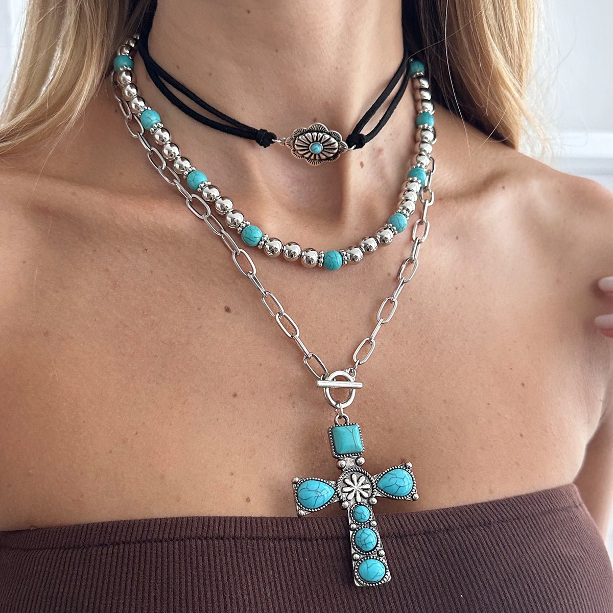 3 Pcs Toggle Clasp Turquoise Inlaid Cross Pendant Ball Chain Velvet Necklace Set - ArtGalleryZen