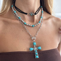 Thumbnail for 3 Pcs Toggle Clasp Turquoise Inlaid Cross Pendant Ball Chain Velvet Necklace Set - ArtGalleryZen