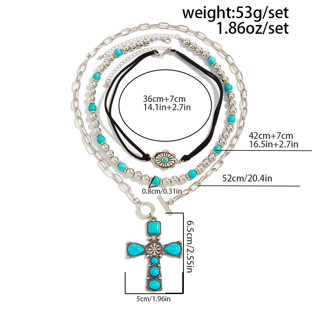 3 Pcs Toggle Clasp Turquoise Inlaid Cross Pendant Ball Chain Velvet Necklace Set - ArtGalleryZen