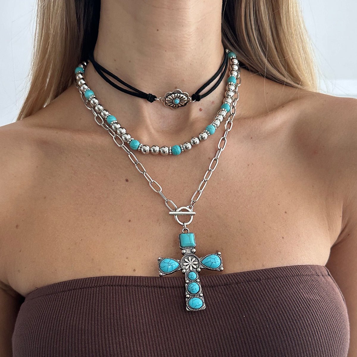 3 Pcs Toggle Clasp Turquoise Inlaid Cross Pendant Ball Chain Velvet Necklace Set - ArtGalleryZen