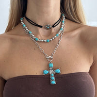 Thumbnail for 3 Pcs Toggle Clasp Turquoise Inlaid Cross Pendant Ball Chain Velvet Necklace Set - ArtGalleryZen