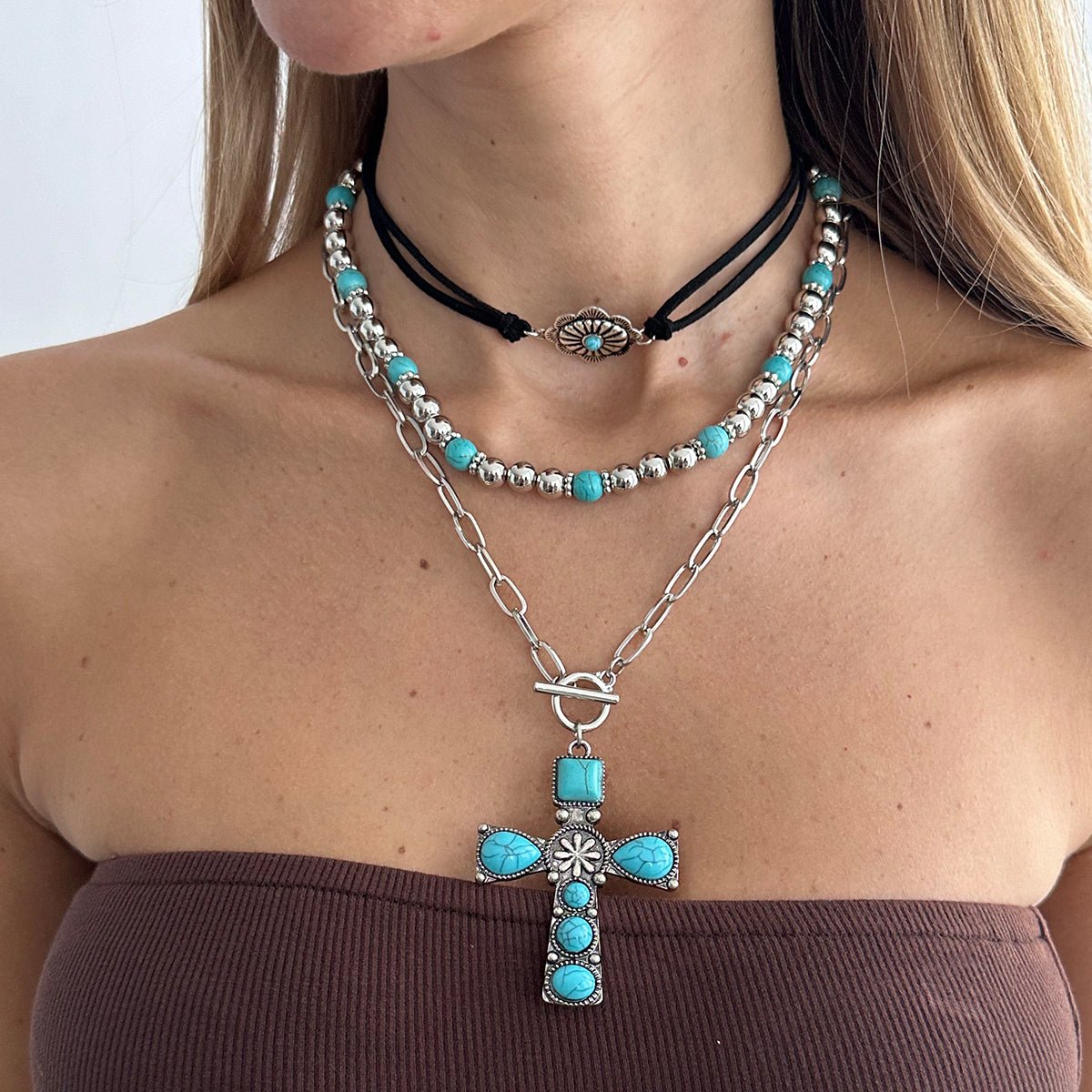 3 Pcs Toggle Clasp Turquoise Inlaid Cross Pendant Ball Chain Velvet Necklace Set - ArtGalleryZen