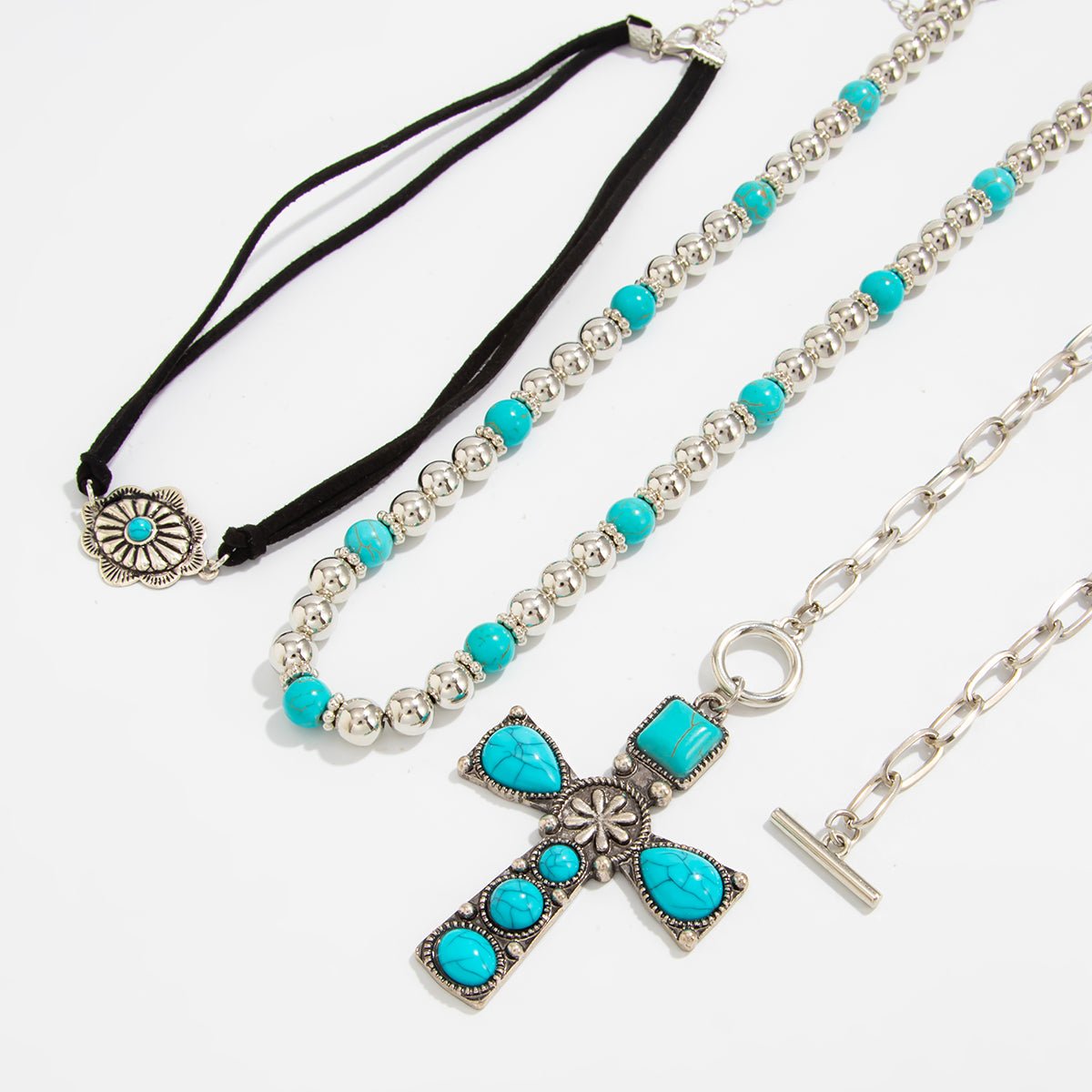 3 Pcs Toggle Clasp Turquoise Inlaid Cross Pendant Ball Chain Velvet Necklace Set - ArtGalleryZen