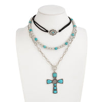 Thumbnail for 3 Pcs Toggle Clasp Turquoise Inlaid Cross Pendant Ball Chain Velvet Necklace Set - ArtGalleryZen
