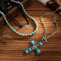 Thumbnail for 3 Pcs Toggle Clasp Turquoise Inlaid Cross Pendant Ball Chain Velvet Necklace Set - ArtGalleryZen