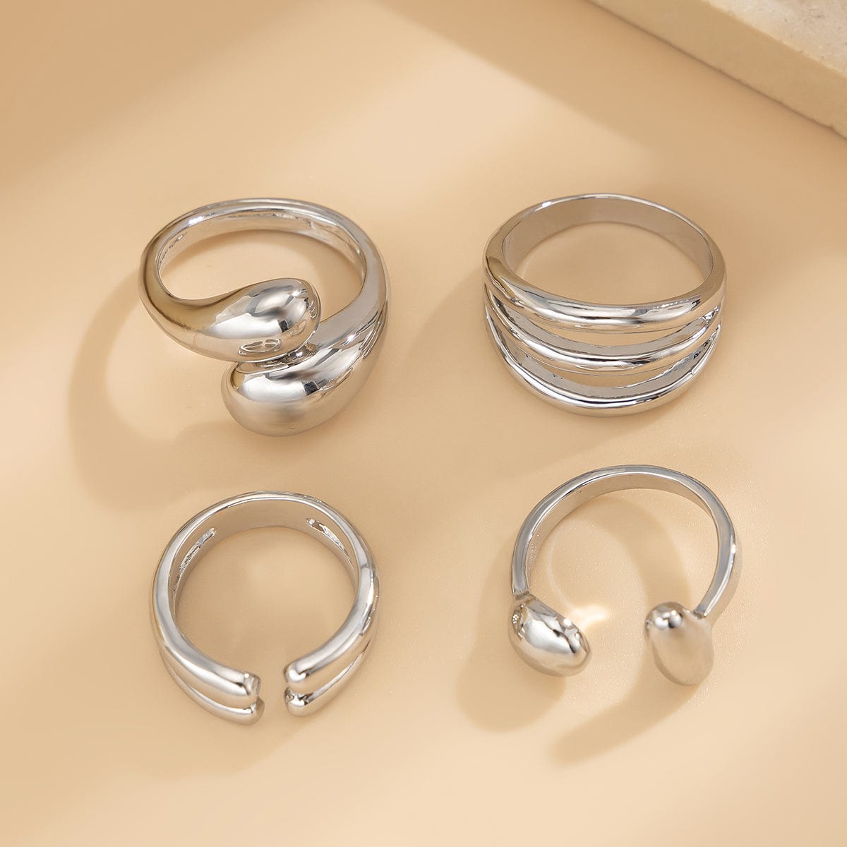 4 Pcs Gold Silver Tone Asymmetric Hollow Pattern Open Ring Set - ArtGalleryZen