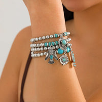 Thumbnail for 4 Pcs Hippie Turquoise Inlaid Eagle Cactus Charm Ball chain Bracelet Set - ArtGalleryZen