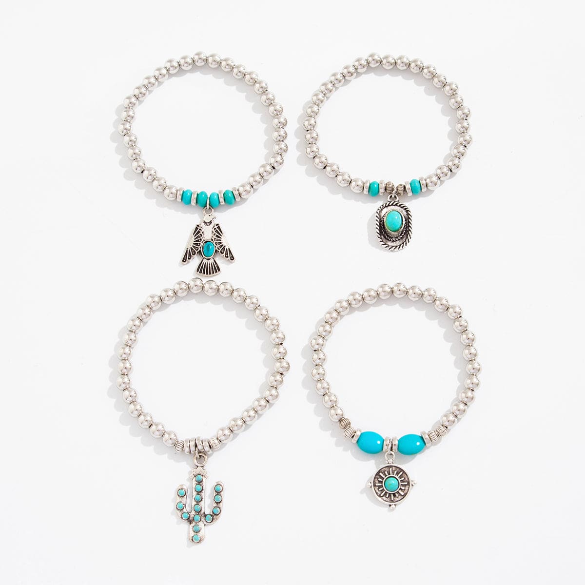 4 Pcs Hippie Turquoise Inlaid Eagle Cactus Charm Ball chain Bracelet Set - ArtGalleryZen