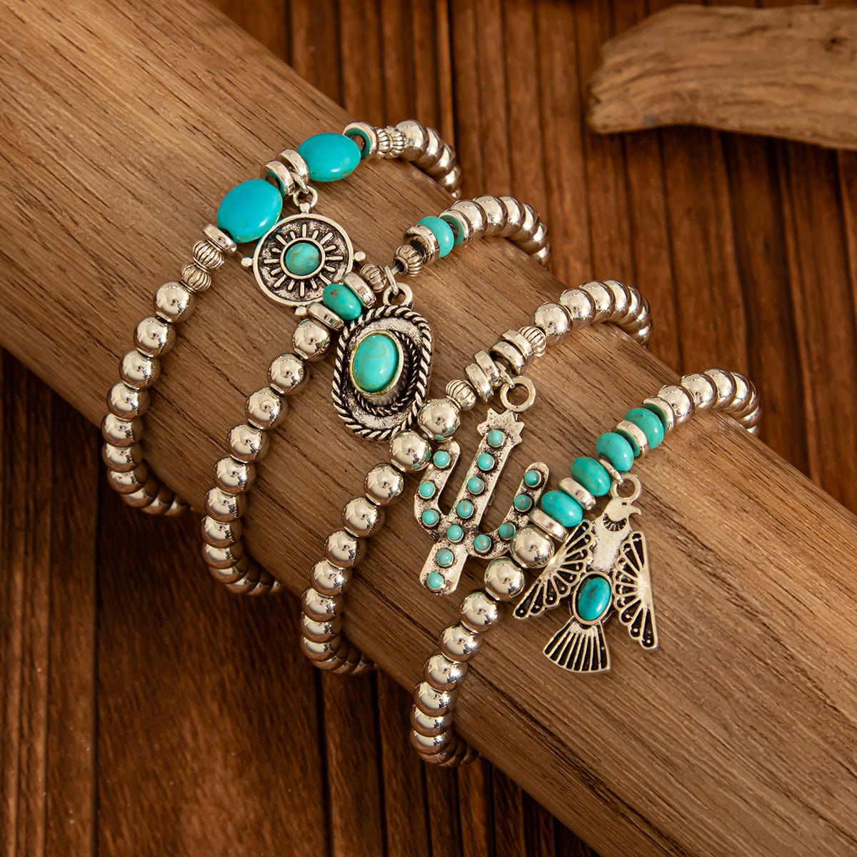 4 Pcs Hippie Turquoise Inlaid Eagle Cactus Charm Ball chain Bracelet Set - ArtGalleryZen