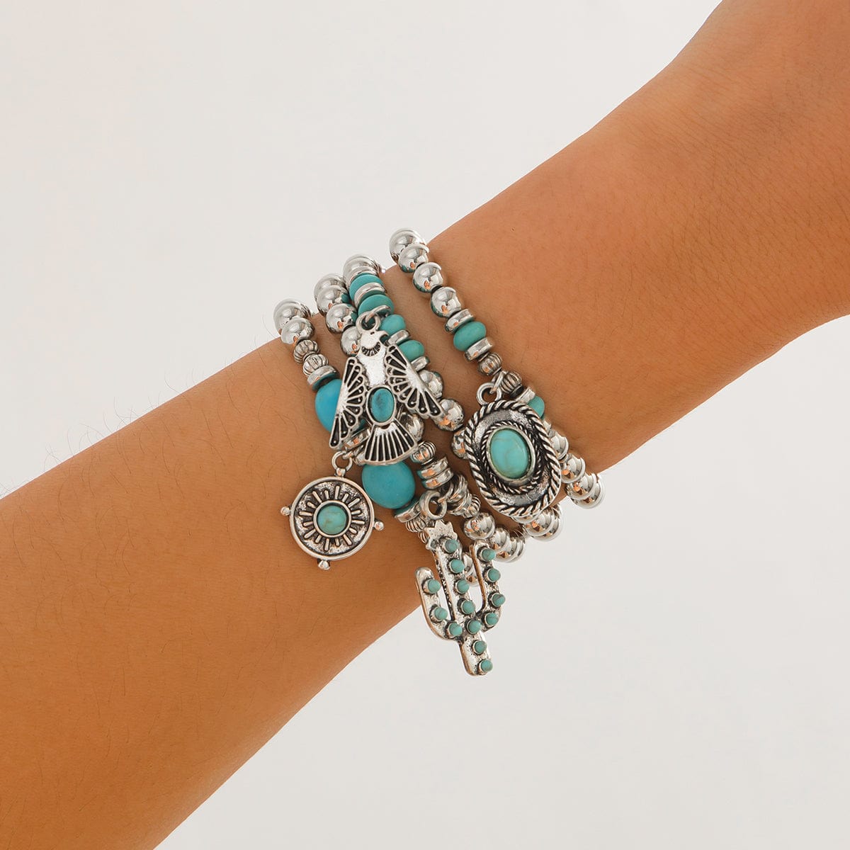 4 Pcs Hippie Turquoise Inlaid Eagle Cactus Charm Ball chain Bracelet Set - ArtGalleryZen