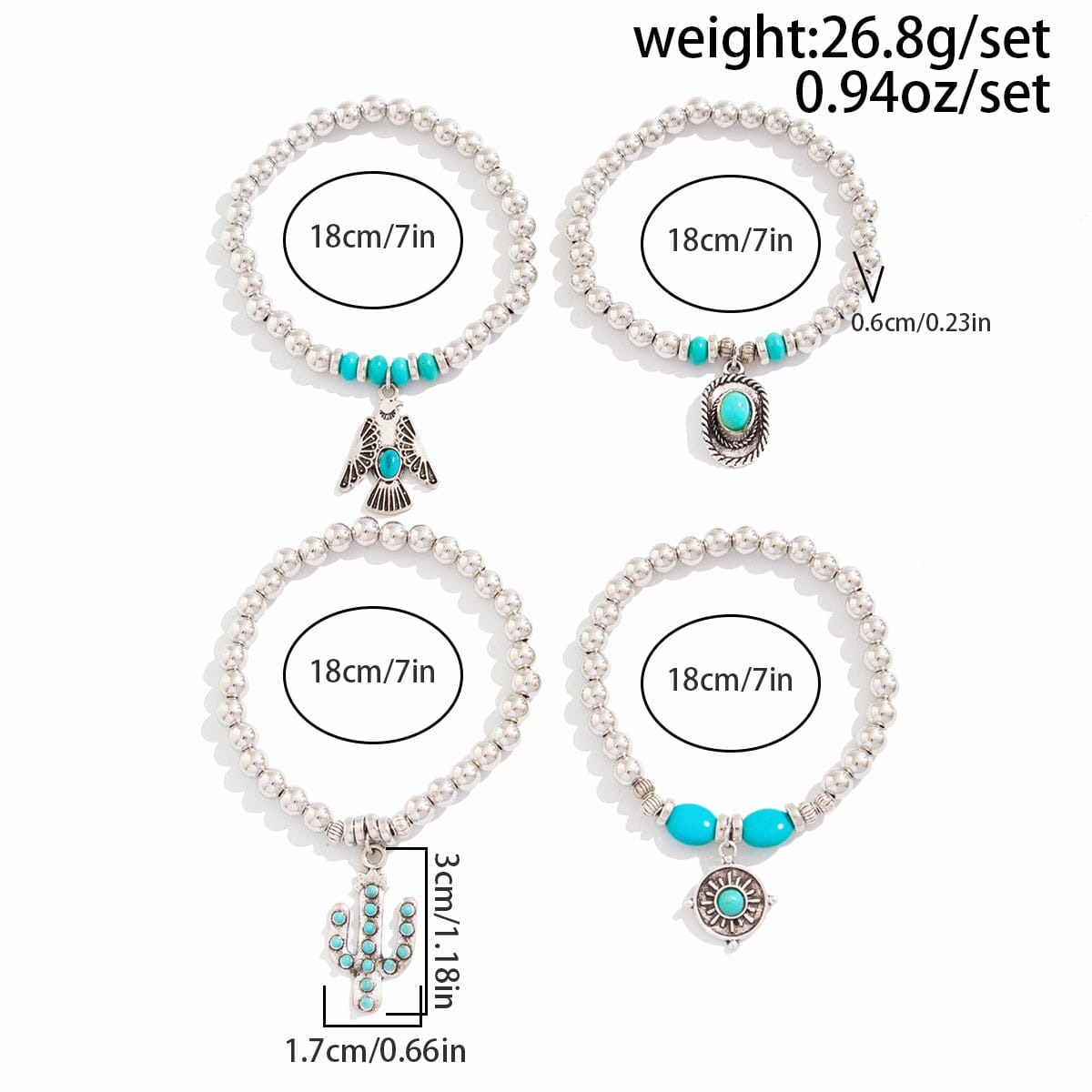 4 Pcs Hippie Turquoise Inlaid Eagle Cactus Charm Ball chain Bracelet Set