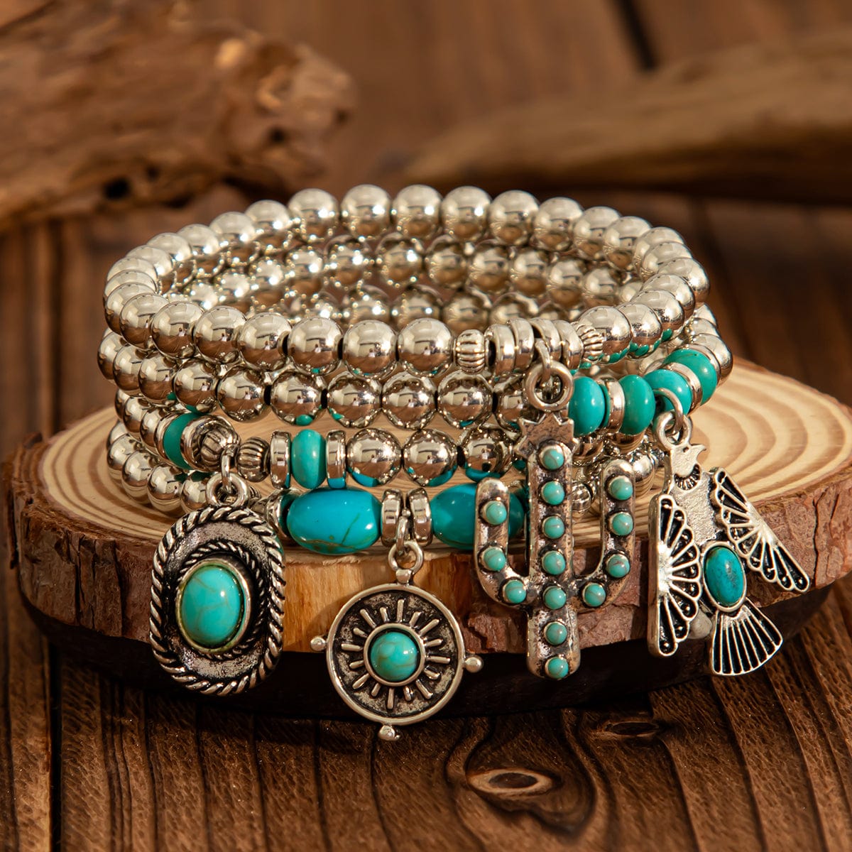 4 Pcs Hippie Turquoise Inlaid Eagle Cactus Charm Ball chain Bracelet Set