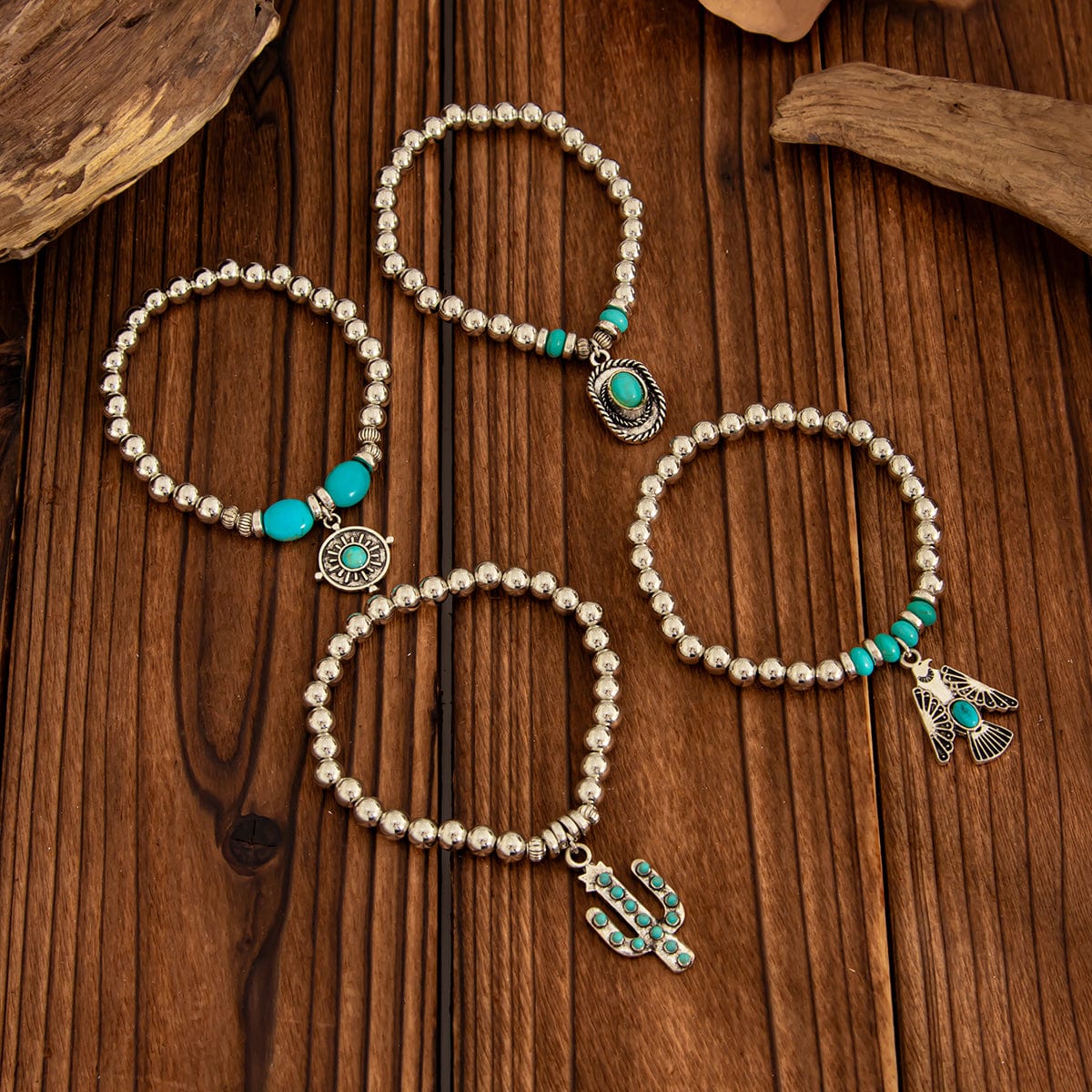 4 Pcs Hippie Turquoise Inlaid Eagle Cactus Charm Ball chain Bracelet Set