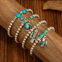 Thumbnail for 4 Pcs Hippie Turquoise Inlaid Eagle Cactus Charm Ball chain Bracelet Set